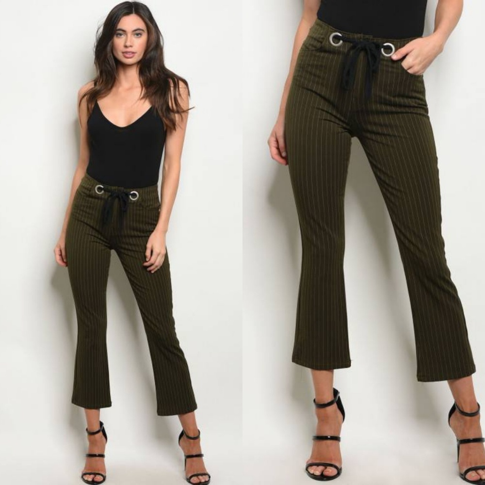 PINSTRIPE KICK FLARE PANTS in olive